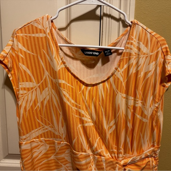 Lands’ End Women’s Faux Wrap Dress Coral Orange Tropical Stripe Print Sz XL/P 18 - Picture 3 of 12